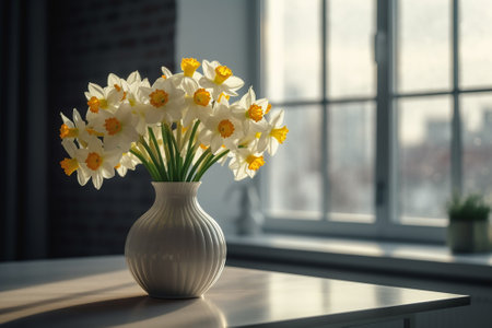 Bouquet of beautiful daffodils in vase on table indoorsの素材