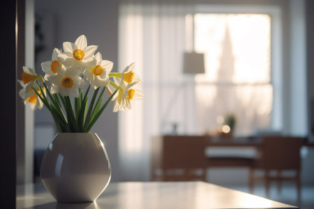 Beautiful daffodils in vase on table in roomの素材