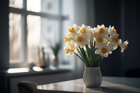 Beautiful daffodils in vase on table in roomの素材