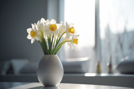 Bouquet of daffodils in vase on table indoorsの素材