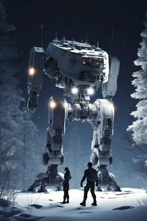 Couple of young people and robot in winter forest. mixed mediaの素材