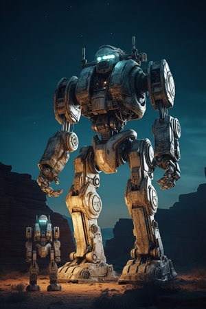 3D rendering of a robot in the desert at night time.の素材