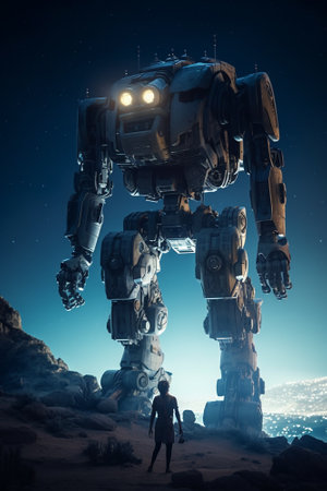 Futuristic robot standing on his hind legs. 3d renderingの素材
