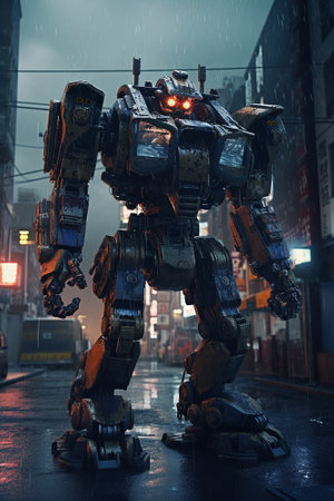 Futuristic robot in the city at night. 3d rendering.の素材