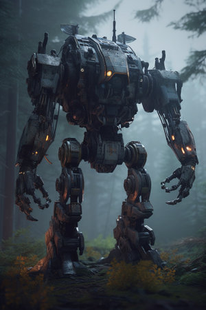 3D rendering of a fantasy alien landscape with a big robot.の素材