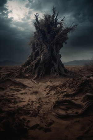 Fantasy landscape with old tree in desert. 3D Renderingの素材