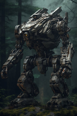 3d rendering of an old robot in a dark forest with fogの素材