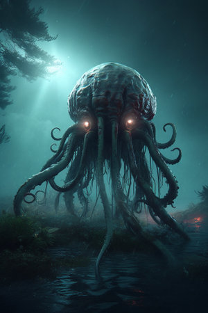Octopus in the sea. 3D rendering. fantasy illustration.の素材