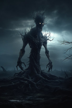 Scary black alien in the dark forest, 3d render illustrationの素材