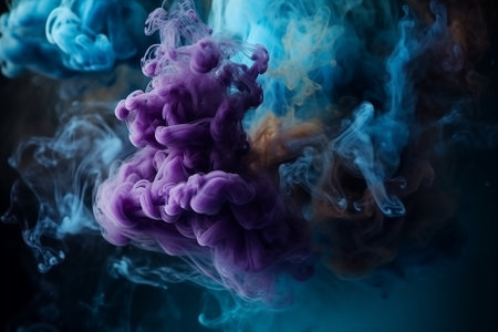 Dense multicolored smoke of vape on a black isolated background. Background from the smoke of vapeの素材