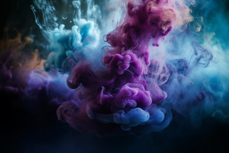 Cloud of blue, pink and purple smoke isolated on black background. Background from the smoke of vapeの素材