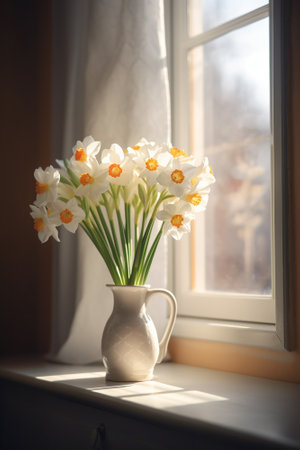 Bouquet of daffodils in vase on window sillの素材