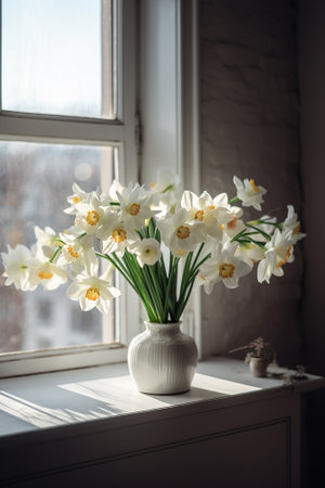 White daffodils in a vase on the windowsillの素材