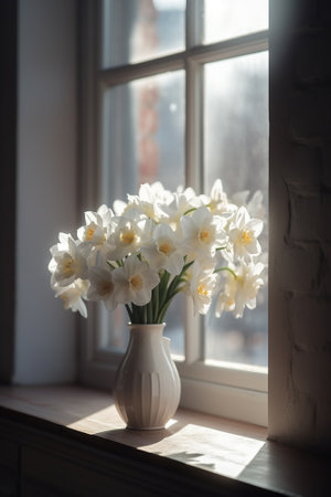 White daffodils in a vase on the windowsillの素材
