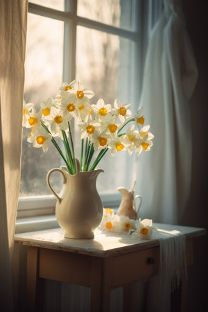 Bouquet of daffodils in a vase on the windowsillの素材