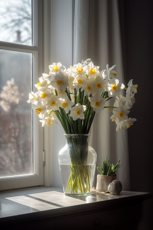 White daffodils in a vase on the windowsillの素材