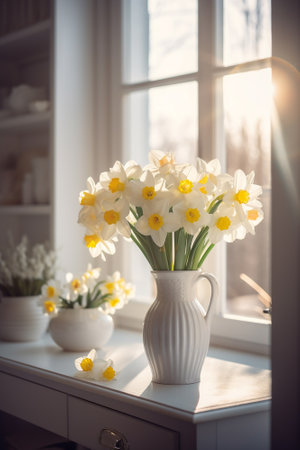 White daffodils in a vase on the windowsillの素材