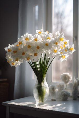 Bouquet of white daffodils in vase on windowsillの素材