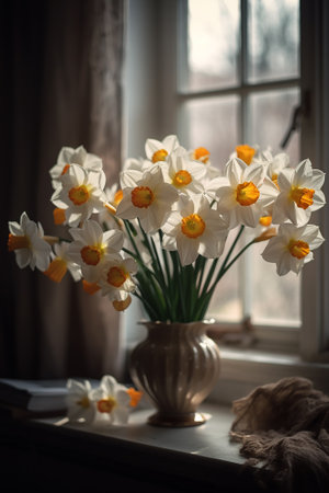 White daffodils in a vase on the windowsillの素材