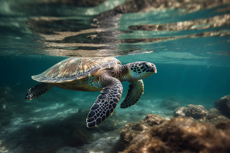 Hawaiian Green Sea Turtle (Chelonia mydas) swimming underwater in the oceanの素材