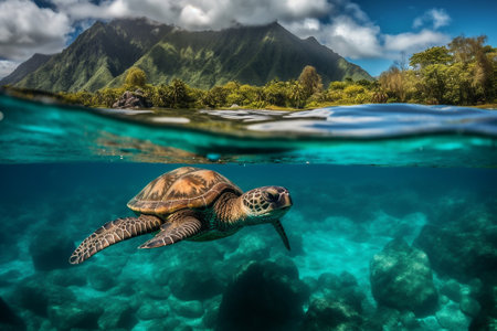 Hawaiian Green Sea Turtle swimming underwater in the Pacific Ocean.の素材