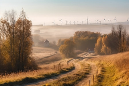 Foggy morning in the countryside with wind turbines in the foregroundの素材