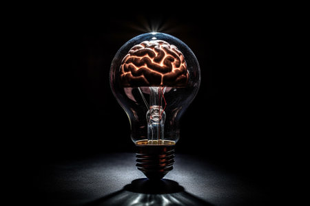 Human brain inside a light bulb on black background. Brainstorming concept.の素材