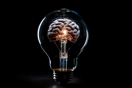 Human brain inside a lightbulb on a black background with copy spaceの素材