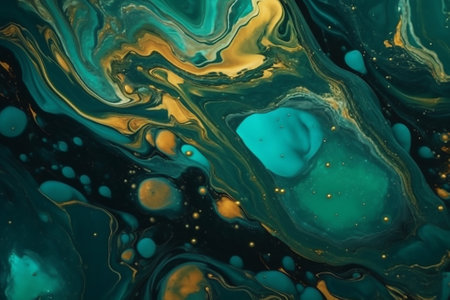 Blue and green marbling pattern. Golden marble liquid texture. fluid art.の素材