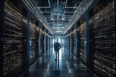 Futuristic server room interior with a man in front of himの素材