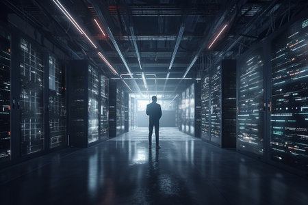 Silhouette of a man in a server room. 3d renderingの素材