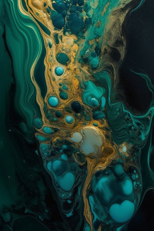 Marbled blue abstract background with golden sequins. Liquid marble ink pattern.の素材