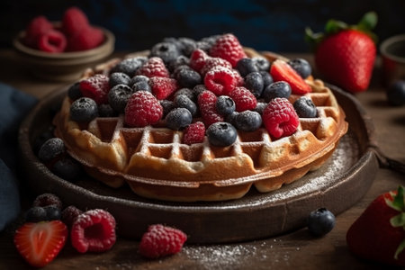 Belgian waffles with fresh berries on wooden board, selective focusの素材