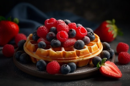 Belgian waffles with fresh berries on dark background, selective focusの素材