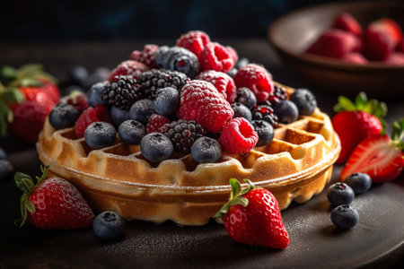 Belgian waffles with fresh berries on rustic background, copy spaceの素材
