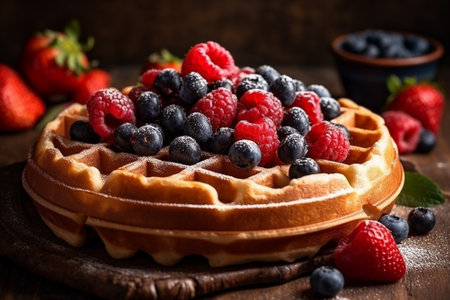 Belgian waffles with fresh berries on rustic wooden background.の素材