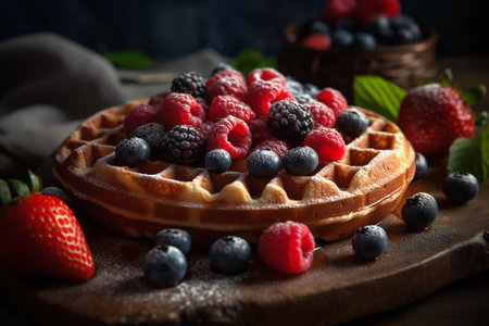 Belgian waffles with fresh berries on wooden board, selective focusの素材