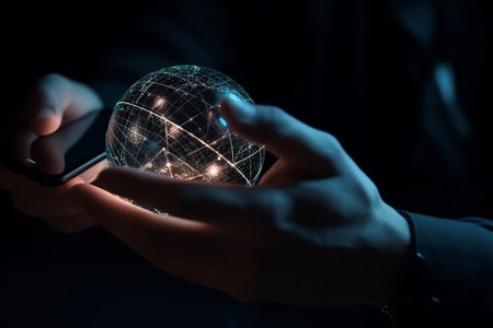 Close up of human hands using mobile smart phone and world map on dark backgroundの素材