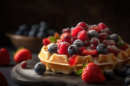 Belgian waffles with fresh berries on dark background, selective focusの素材