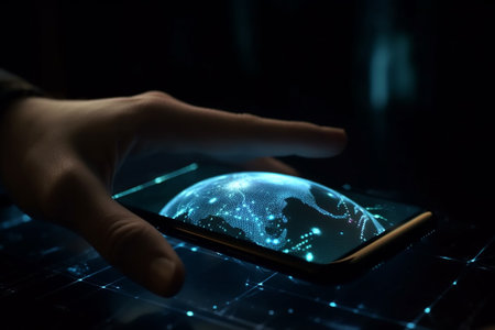 Smartphone with global network connection on screen. Internet and technology concept.の素材