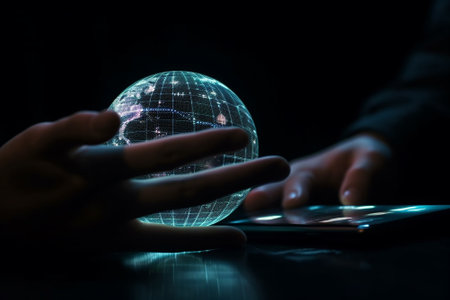 Businessman working with mobile phone and earth globe on dark background.の素材