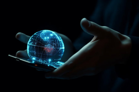 Businessman holding mobile phone with global network hologram. 3D renderingの素材