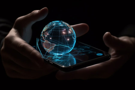 Smartphone in hands with global network connection. 3D rendering.の素材