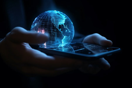 Close up of hand holding smartphone with glowing earth globe on dark backgroundの素材