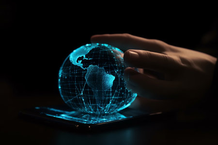 Globe hologram with map of the world on the smartphone screenの素材
