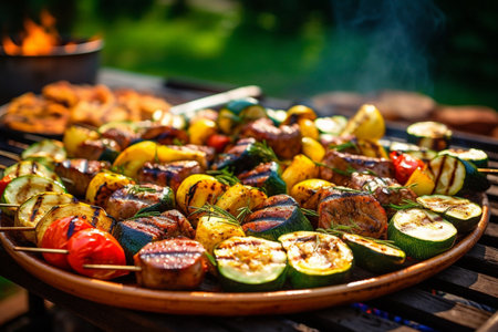 Barbecue with grilled meat, vegetables and spices on a grill.の素材
