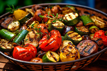 Grilled vegetables in a plate on a wooden table. selective focus.の素材