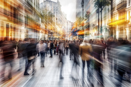Crowd of people walking in the city. Blurred motion. Multiple exposure busy street photo. Long exposure, blurred, business illustration.の素材