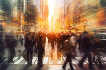 Business people walking in the city with motion blur effect. abstract background. Multiple exposure busy street photo. Long exposure, blurred, business illustration.の素材