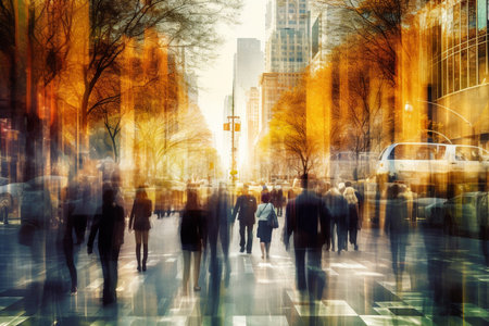 Business people walking in the city, motion blur. abstract background. Multiple exposure busy street photo. Long exposure, blurred, business illustration.の素材